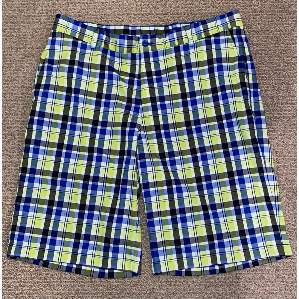 Slazenger Golf Shorts Flat Front Blue Yellow Plaid Men's Size 36 x 11